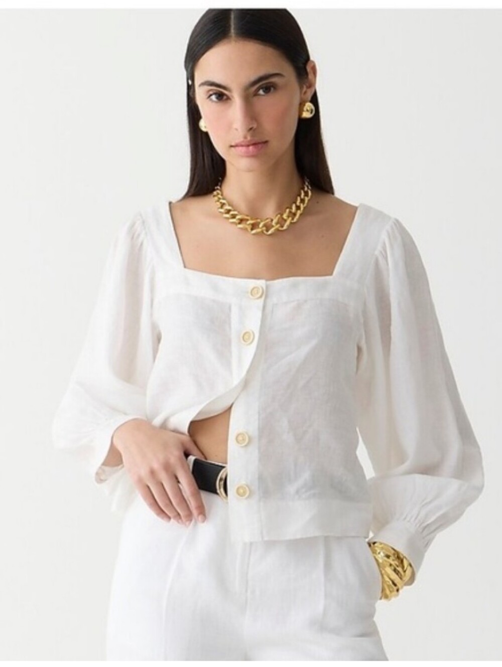 New J. Crew Linen Square-Neck Button Up Bishop Sleeve Blouse